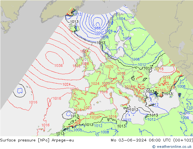 Surface pressure Arpege-eu Mo 03.06.2024 06 UTC