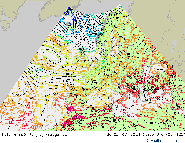 Theta-e 850hPa Arpege-eu Mo 03.06.2024 06 UTC