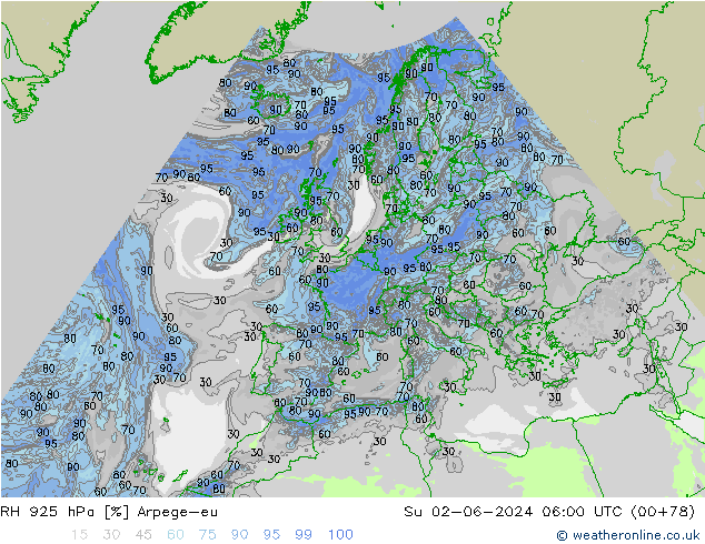 RH 925 hPa Arpege-eu Su 02.06.2024 06 UTC