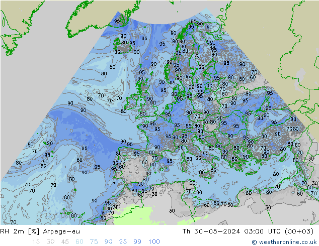 RH 2m Arpege-eu Qui 30.05.2024 03 UTC