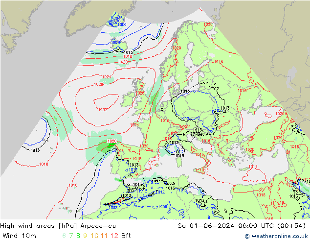 yüksek rüzgarlı alanlar Arpege-eu Cts 01.06.2024 06 UTC