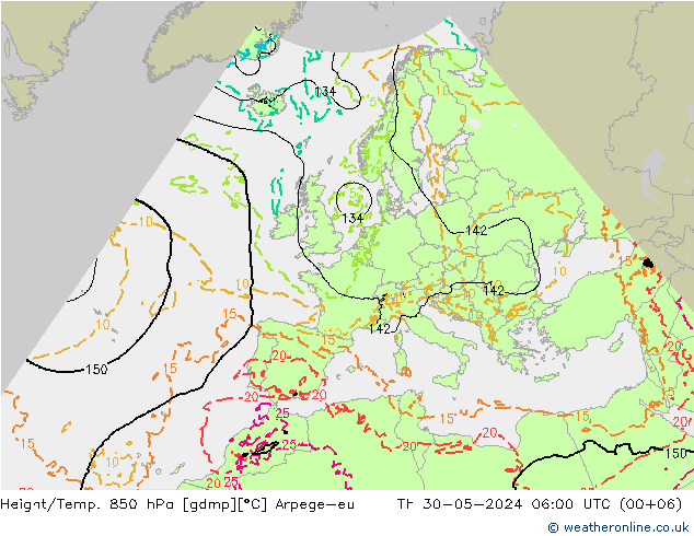 Height/Temp. 850 hPa Arpege-eu Th 30.05.2024 06 UTC