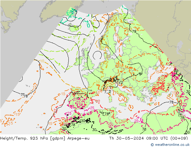 Yükseklik/Sıc. 925 hPa Arpege-eu Per 30.05.2024 09 UTC