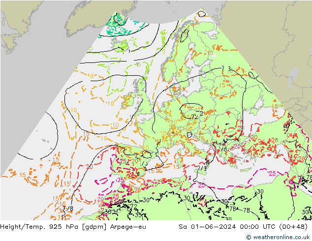 Yükseklik/Sıc. 925 hPa Arpege-eu Cts 01.06.2024 00 UTC