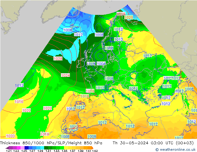 Thck 850-1000 hPa Arpege-eu gio 30.05.2024 03 UTC