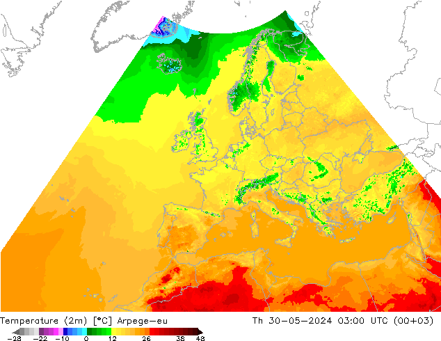 Temperature (2m) Arpege-eu Čt 30.05.2024 03 UTC