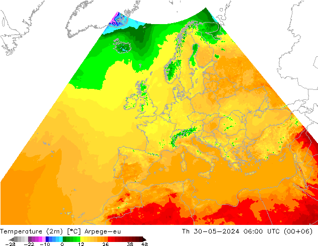 Temperature (2m) Arpege-eu Th 30.05.2024 06 UTC