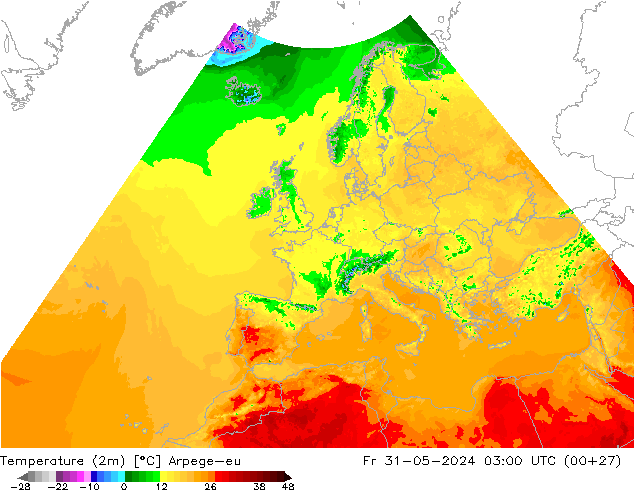 Temperatuurkaart (2m) Arpege-eu vr 31.05.2024 03 UTC