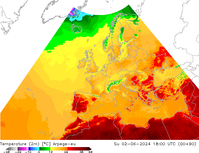 mapa temperatury (2m) Arpege-eu nie. 02.06.2024 18 UTC