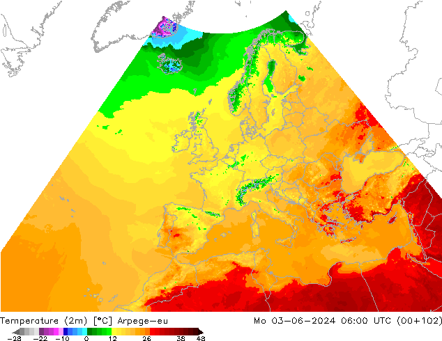 Sıcaklık Haritası (2m) Arpege-eu Pzt 03.06.2024 06 UTC