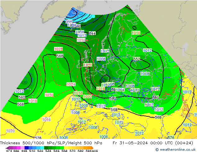 Espesor 500-1000 hPa Arpege-eu vie 31.05.2024 00 UTC