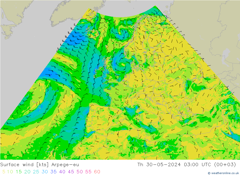Surface wind Arpege-eu Th 30.05.2024 03 UTC