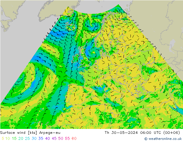 Surface wind Arpege-eu Th 30.05.2024 06 UTC