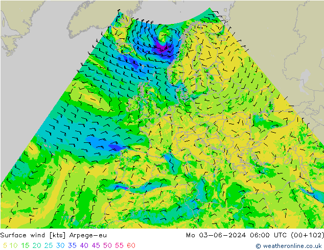 ветер 10 m Arpege-eu пн 03.06.2024 06 UTC