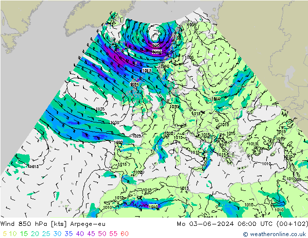 Wind 850 hPa Arpege-eu Mo 03.06.2024 06 UTC