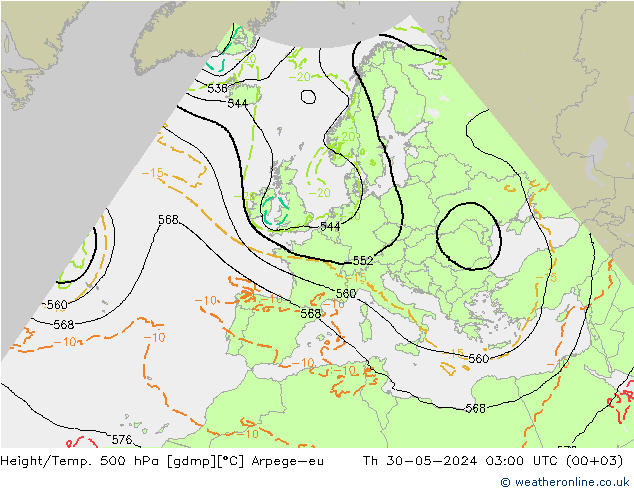 Height/Temp. 500 hPa Arpege-eu 星期四 30.05.2024 03 UTC
