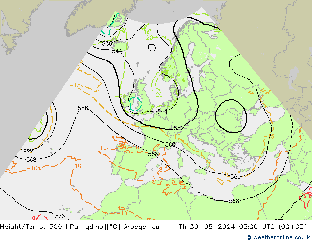 Height/Temp. 500 гПа Arpege-eu чт 30.05.2024 03 UTC