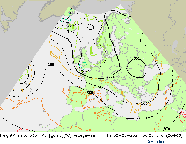 Height/Temp. 500 hPa Arpege-eu 星期四 30.05.2024 06 UTC