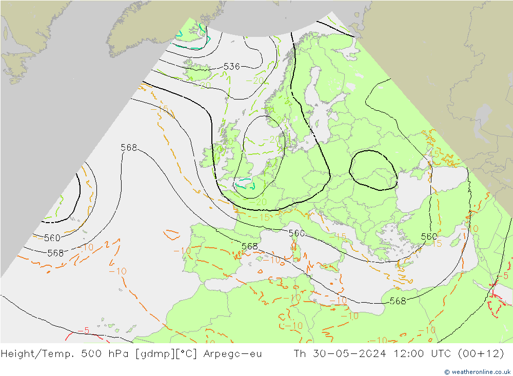 Height/Temp. 500 гПа Arpege-eu чт 30.05.2024 12 UTC