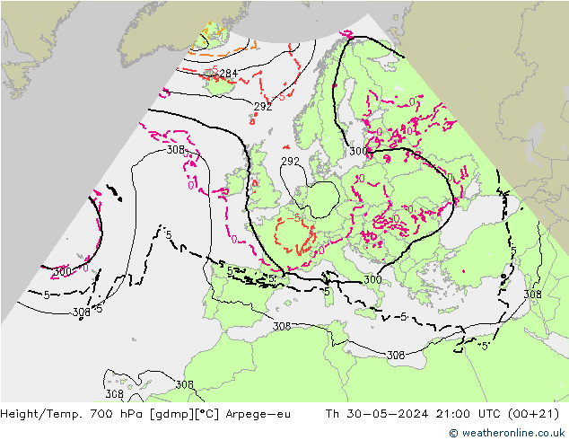 Height/Temp. 700 hPa Arpege-eu Th 30.05.2024 21 UTC