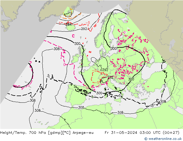 Height/Temp. 700 hPa Arpege-eu ven 31.05.2024 03 UTC