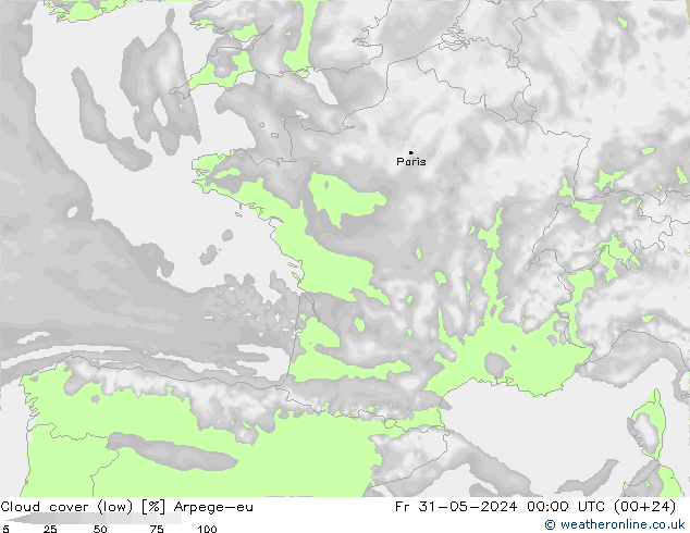 Cloud cover (low) Arpege-eu Fr 31.05.2024 00 UTC