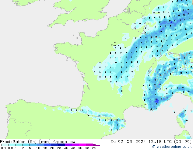 Precipitazione (6h) Arpege-eu dom 02.06.2024 18 UTC
