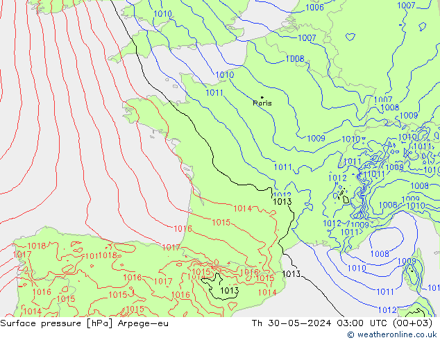 приземное давление Arpege-eu чт 30.05.2024 03 UTC