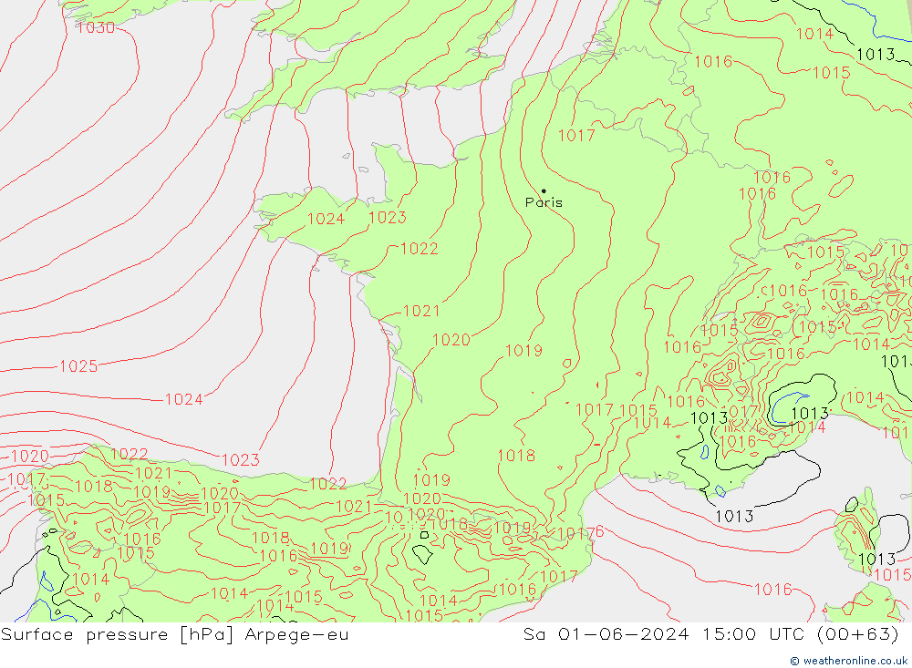 Presión superficial Arpege-eu sáb 01.06.2024 15 UTC