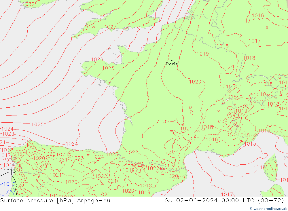 Pressione al suolo Arpege-eu dom 02.06.2024 00 UTC