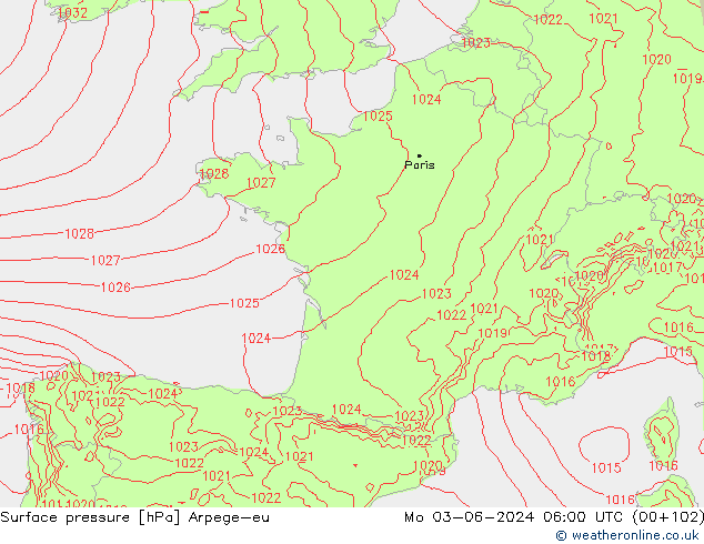 Surface pressure Arpege-eu Mo 03.06.2024 06 UTC