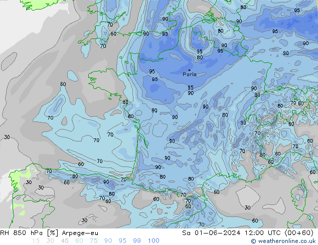 Humidité rel. 850 hPa Arpege-eu sam 01.06.2024 12 UTC