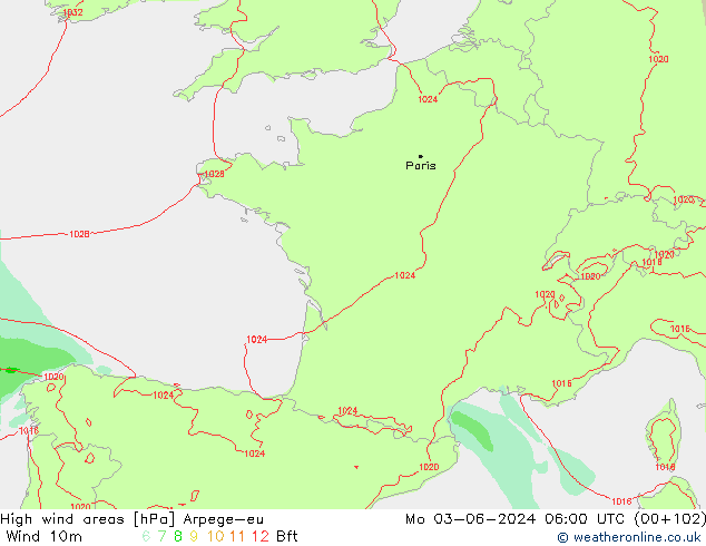 High wind areas Arpege-eu Mo 03.06.2024 06 UTC