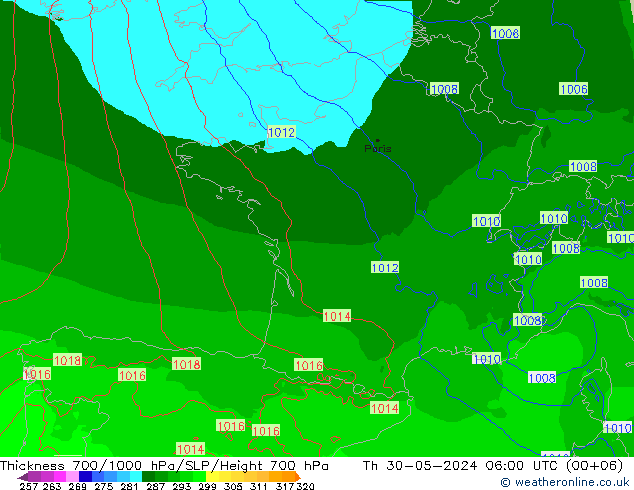 Thck 700-1000 hPa Arpege-eu czw. 30.05.2024 06 UTC