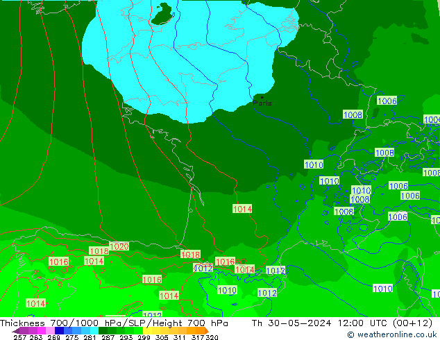 Thck 700-1000 hPa Arpege-eu gio 30.05.2024 12 UTC