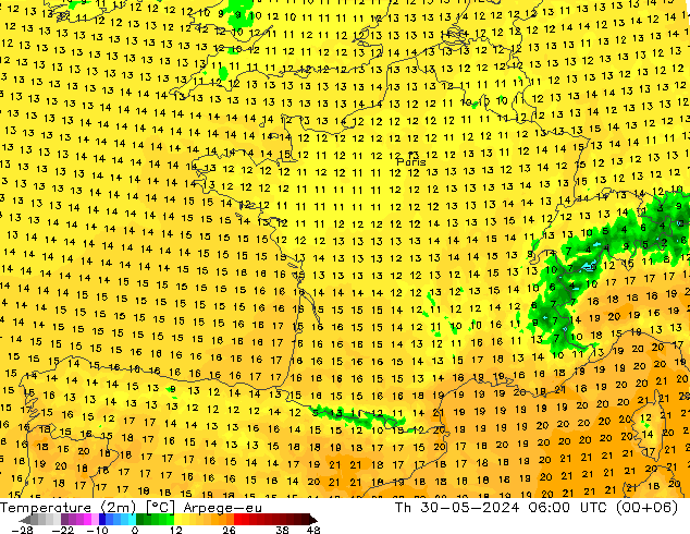 Sıcaklık Haritası (2m) Arpege-eu Per 30.05.2024 06 UTC