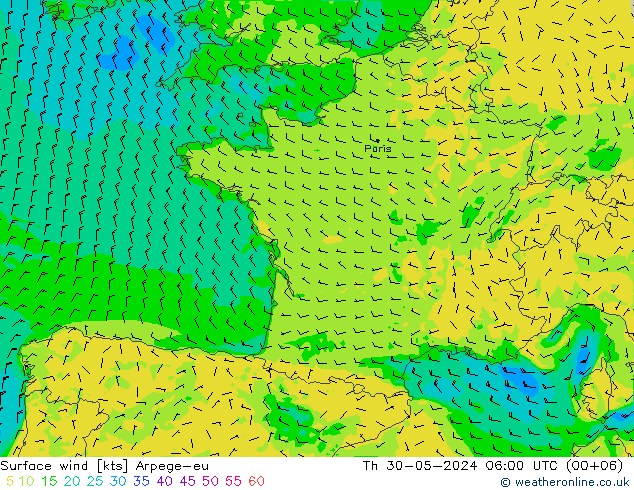 Wind 10 m Arpege-eu do 30.05.2024 06 UTC