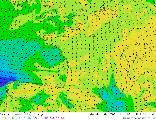 Surface wind Arpege-eu Mo 03.06.2024 00 UTC