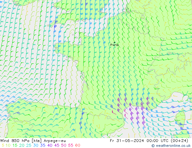 Wind 850 hPa Arpege-eu vr 31.05.2024 00 UTC