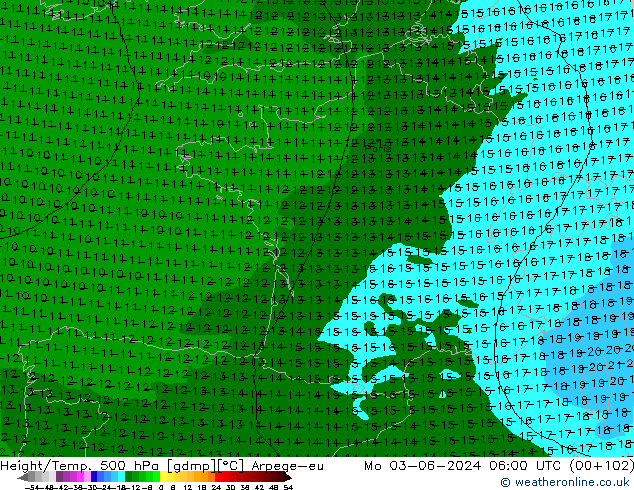 Yükseklik/Sıc. 500 hPa Arpege-eu Pzt 03.06.2024 06 UTC