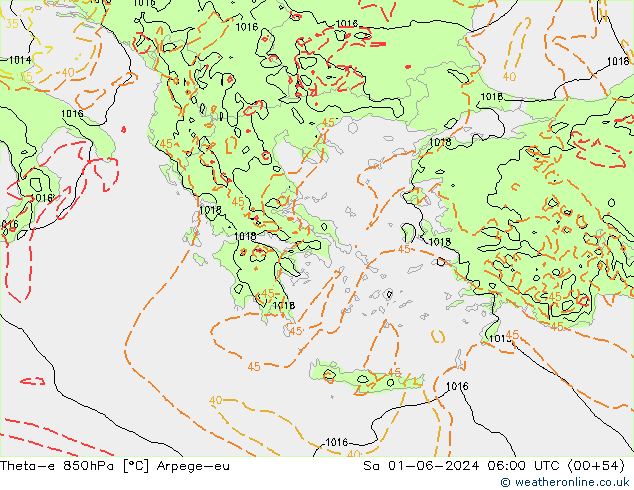 Theta-e 850hPa Arpege-eu so. 01.06.2024 06 UTC