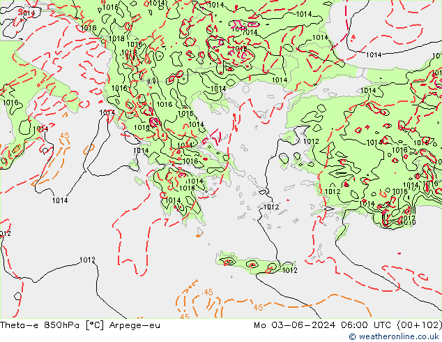 Theta-e 850hPa Arpege-eu Po 03.06.2024 06 UTC