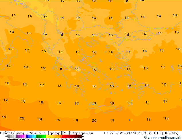 Hoogte/Temp. 850 hPa Arpege-eu vr 31.05.2024 21 UTC