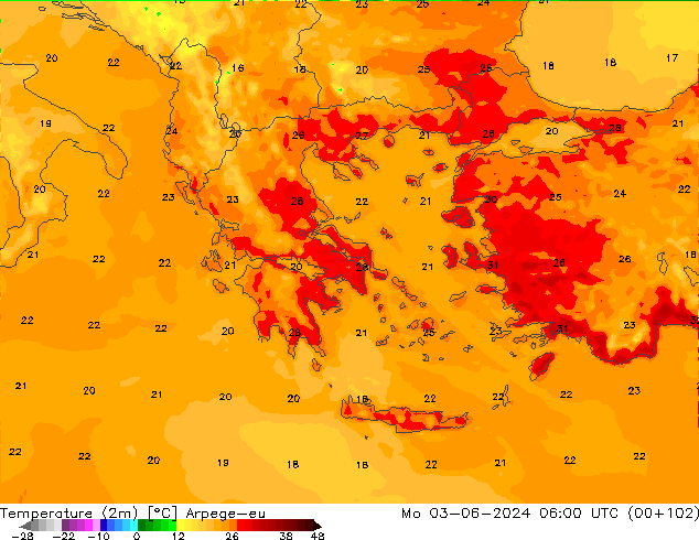 Temperature (2m) Arpege-eu Mo 03.06.2024 06 UTC