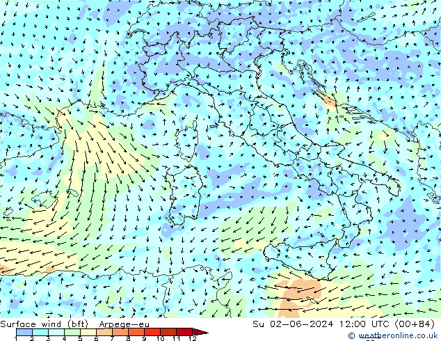 Wind 10 m (bft) Arpege-eu zo 02.06.2024 12 UTC