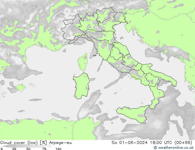 Cloud cover (low) Arpege-eu Sa 01.06.2024 18 UTC