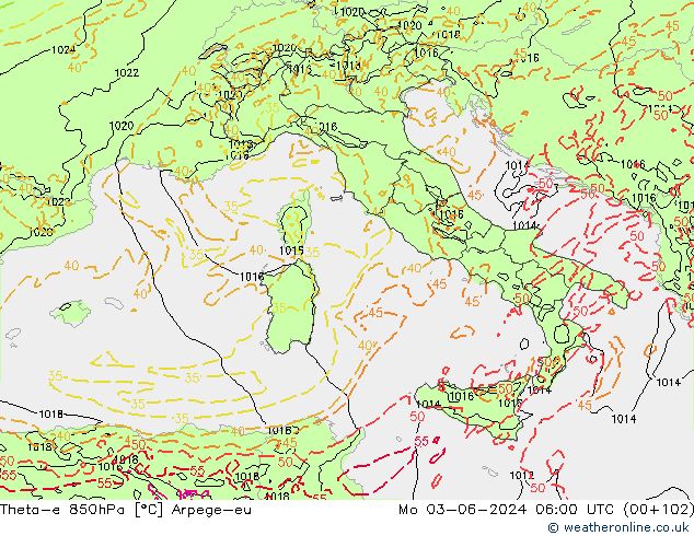 Theta-e 850hPa Arpege-eu Mo 03.06.2024 06 UTC
