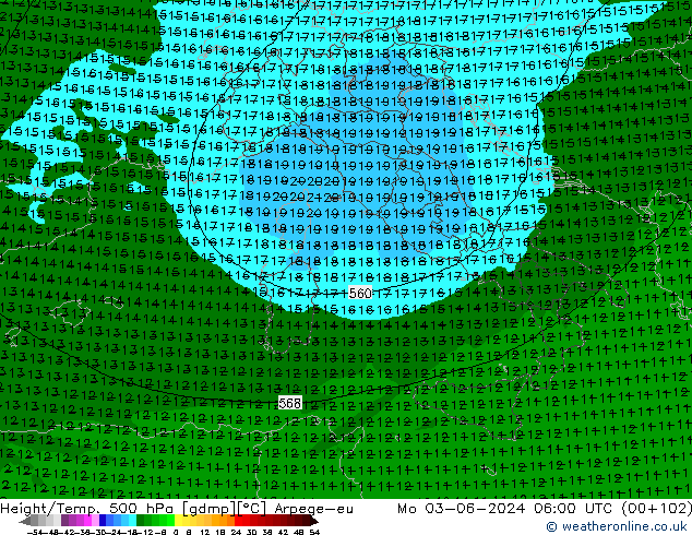 Height/Temp. 500 hPa Arpege-eu Seg 03.06.2024 06 UTC