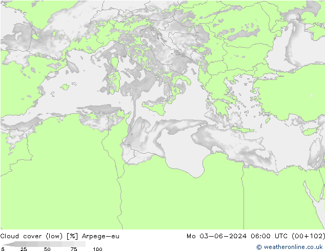 Cloud cover (low) Arpege-eu Mo 03.06.2024 06 UTC