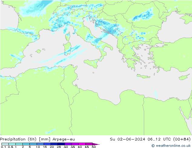 Precipitación (6h) Arpege-eu dom 02.06.2024 12 UTC